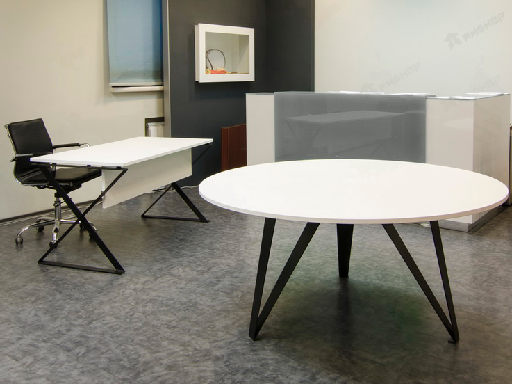 Офисные столы - круглый, ЛДСП, белый, стальные черные опоры