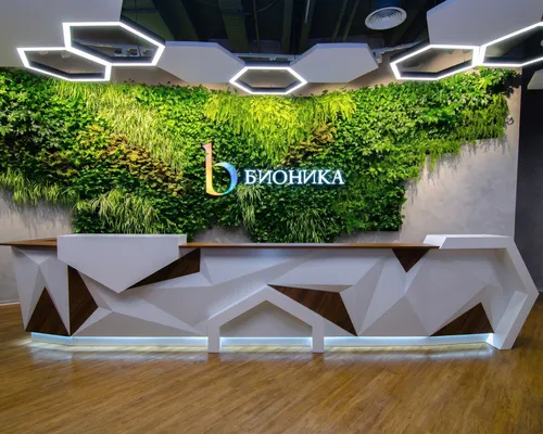 Стойка ресепшн РИ-199 - превью Стойка ресепшн РИ-199 с 3D-фасадом из композита и камня на 4 места