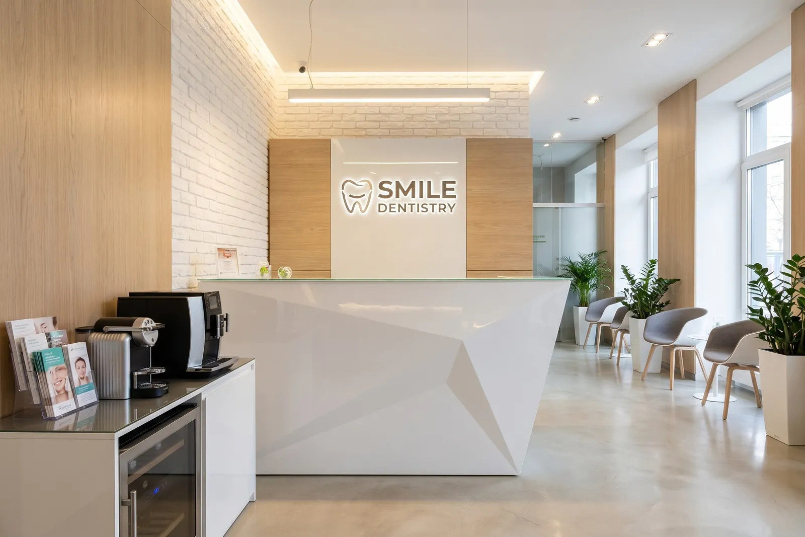 Ресепшн Кристалл - в стоматологии Smile Стойка ресепшн Кристалл белый глянец в ресепшн стоматологии Smile Dentistry.