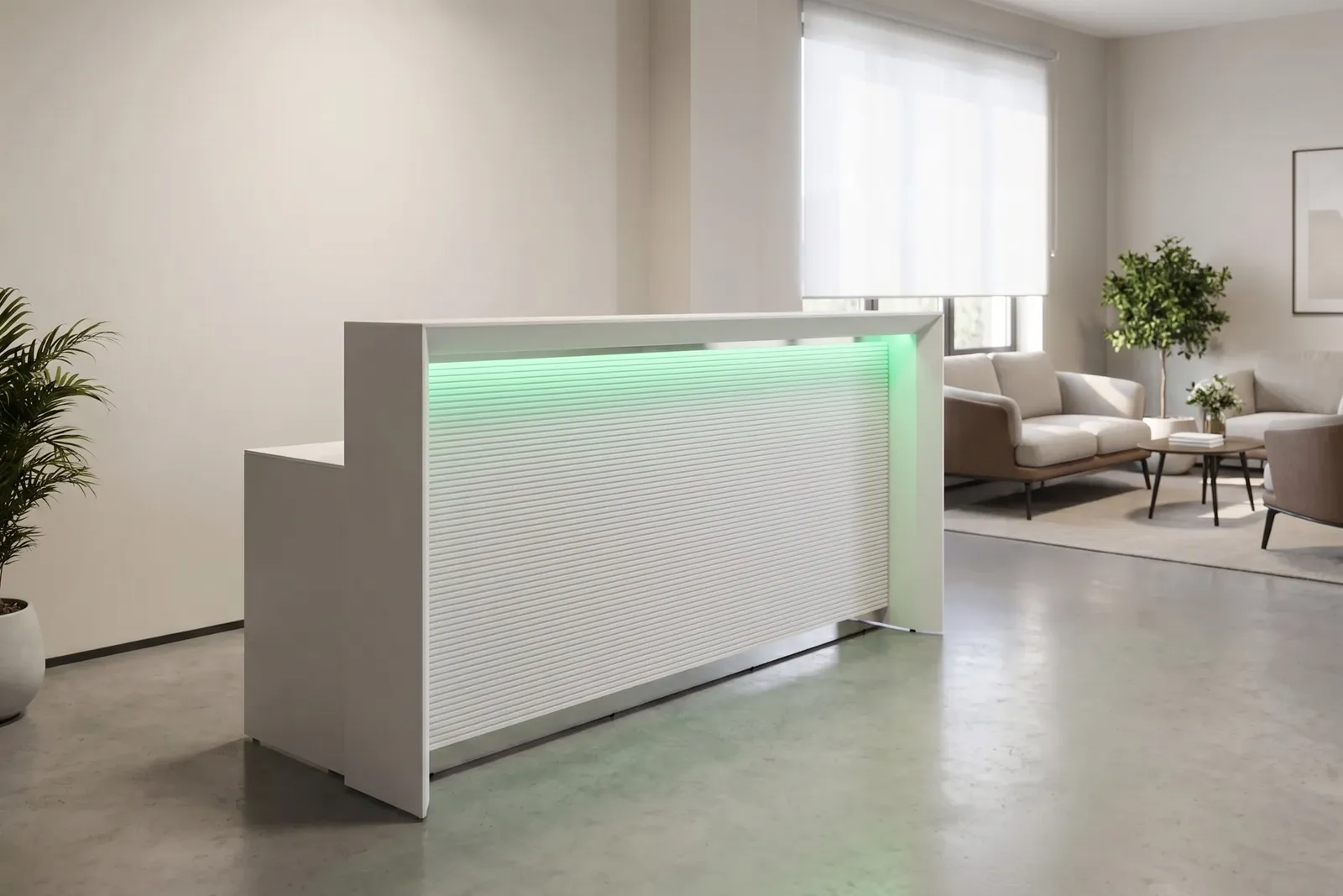 Ресепшн Стрит - общий вид в интерьере Стойка ресепшн Стрит с LED-подсветкой, фасад линейная фрезеровка, белый.