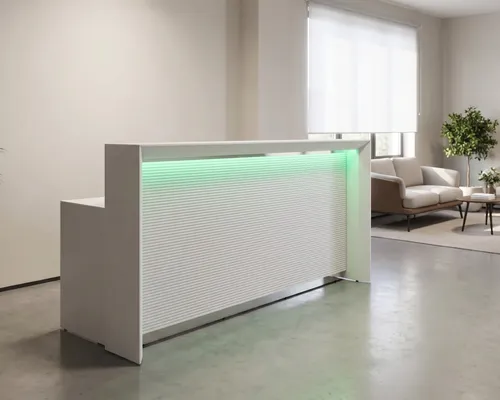 Ресепшн Стрит - общий вид в интерьере Стойка ресепшн Стрит с LED-подсветкой, фасад линейная фрезеровка, белый.