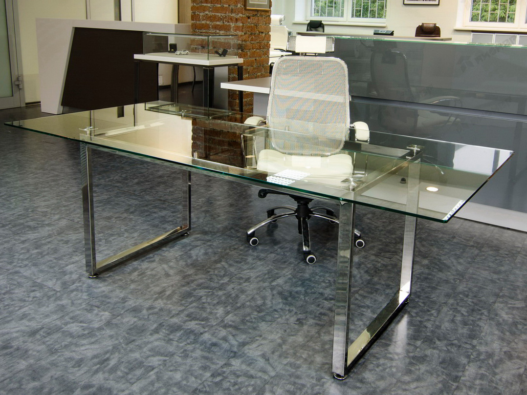 Стол для переговоров и стол руководителя, красивые опоры из нержавеющей стали, столешница из прозрачного закаленного стекла