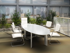 Стеклянный стол из белого непрозрачного стекла рассчитанный на комфортное размещение 6-8человек